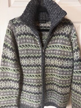 Gray and Light Green Fair Isle Zip Cardigan